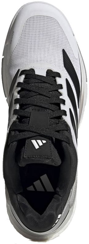A top view of the ADIDAS Crazyquick Boost Mens Padel Shoes in Cloud White, Core Black, and Silver Metallic shows black laces, signature black stripes on the sides, and a textured white sole—ideal for anyone seeking adidas men’s padel shoes engineered to provide superior energy return with every step.