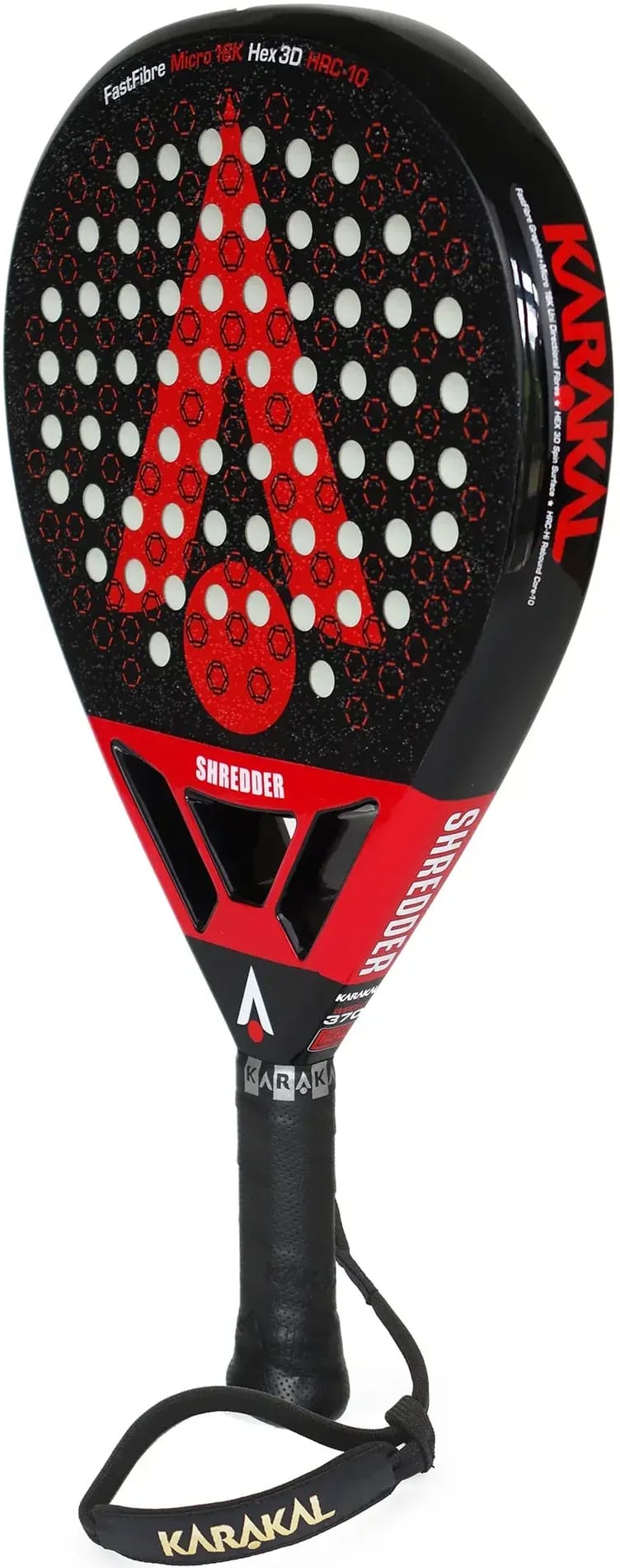 Black and red Karakal Chaos Shredder 2026 padel racket featuring a perforated surface, a triangular cutout above the handle, and a wrist strap.