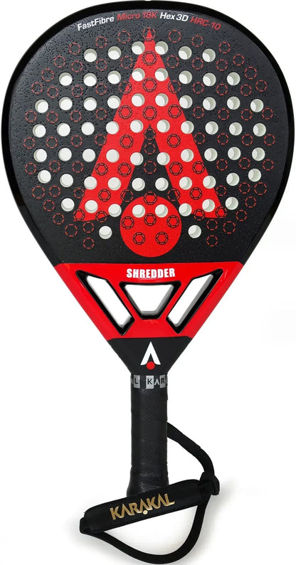 Karakal Chaos Shredder 2026 padel racket in black and red, featuring a perforated teardrop head and a wrist strap attached to the handle.