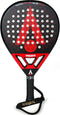 Karakal Chaos Shredder 2026 padel racket in black and red, featuring a perforated teardrop head and a wrist strap attached to the handle.