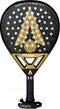 Black and gold teardrop-shaped Karakal Chaos Ultimate 2026 padel racket with a perforated head featuring a geometric logo, 18K carbon graphite text, and a handle with a wrist strap.