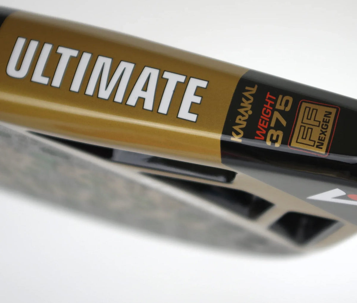 Close-up of the Karakal Chaos Ultimate 2026 padel racket edge featuring “ULTIMATE” in white, alongside text reading “WEIGHT 375” and an “FF NEXGEN” logo.