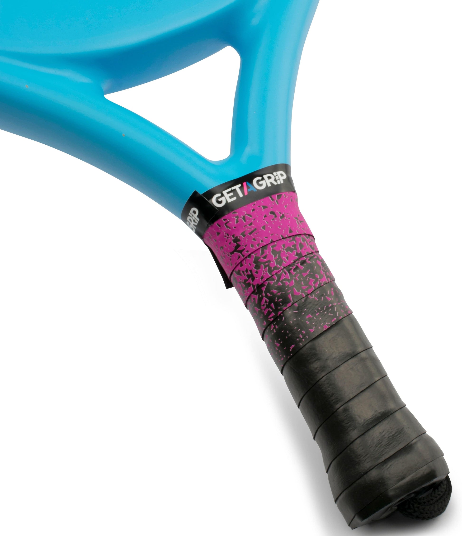 Close-up of a blue tennis racquet handle wrapped in Get A Grip’s "Looking Sharp" padel overgrip, featuring black and pink patterns and a “GET A GRIP” label—an ideal padel gift for enthusiasts.