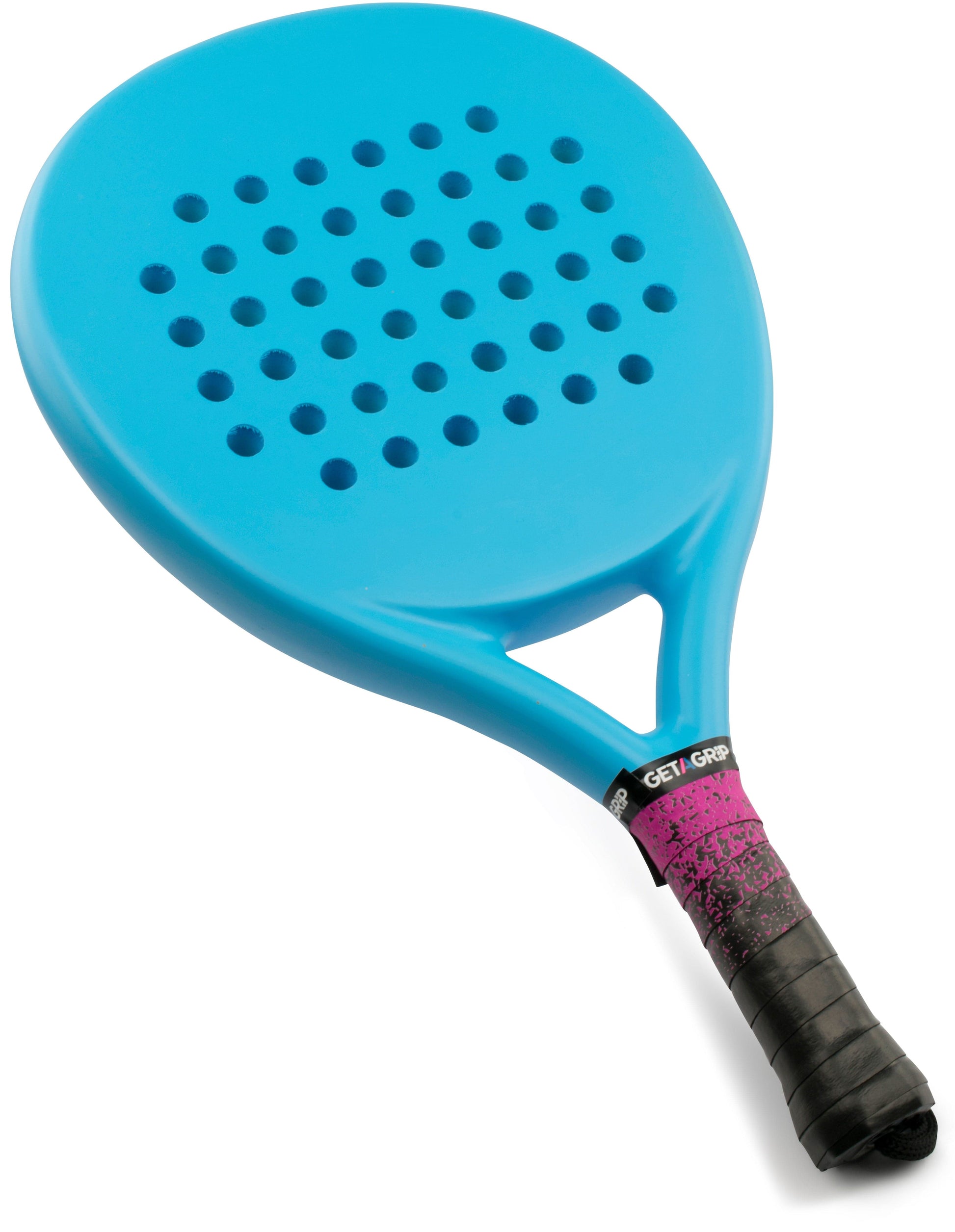A blue padel racket with a perforated face and black handle wrapped in the Get A Grip "Looking Sharp" padel overgrip by Get A Grip, displayed on a white background—an ideal gift for any padel enthusiast.