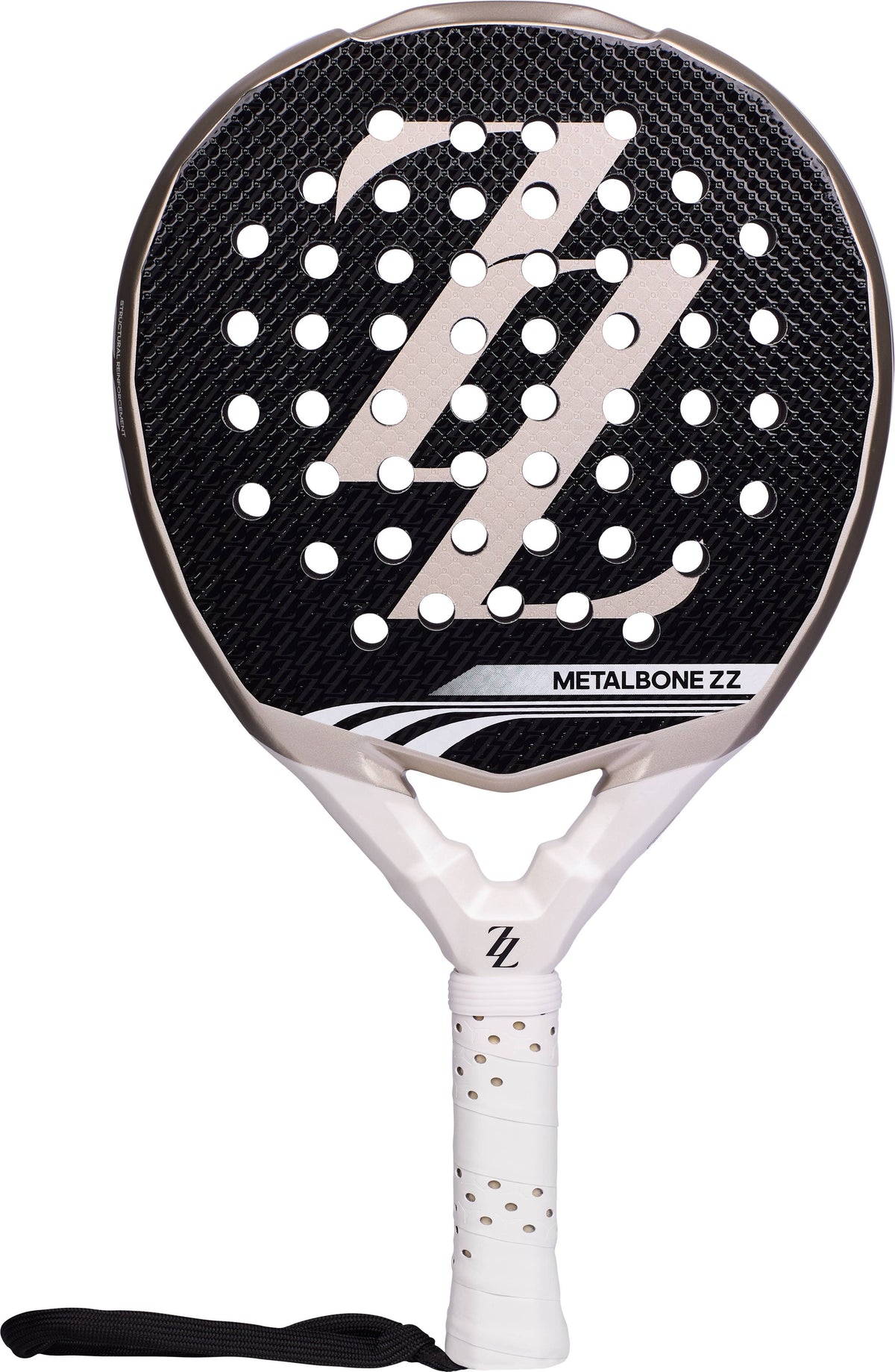 Black and white ADIDAS Metalbone ZZ Team Zinedine Zidane 2026 Padel Racket with a perforated surface featuring a large “ZZ” logo and a white handle with a wrist strap.