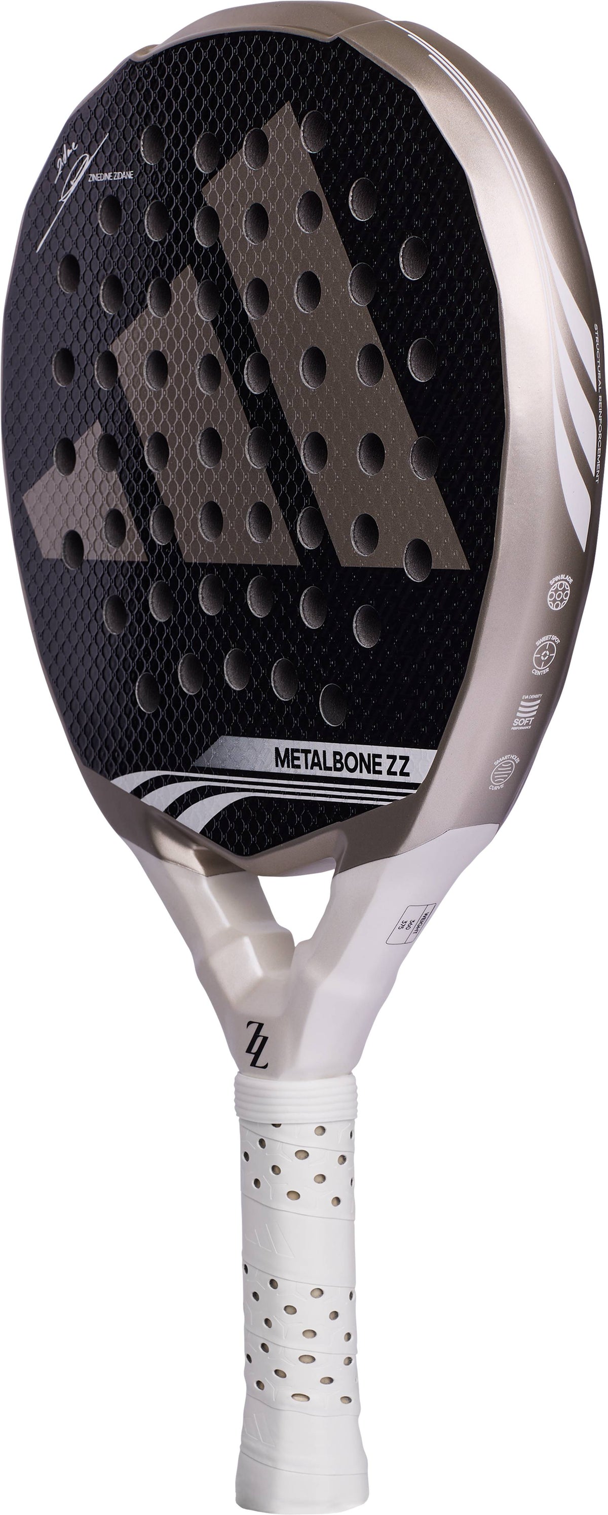 Diamond-shaped ADIDAS Metalbone ZZ Team Zinedine Zidane 2026 padel racket with a perforated black face, gold frame accents, and a white handle.
