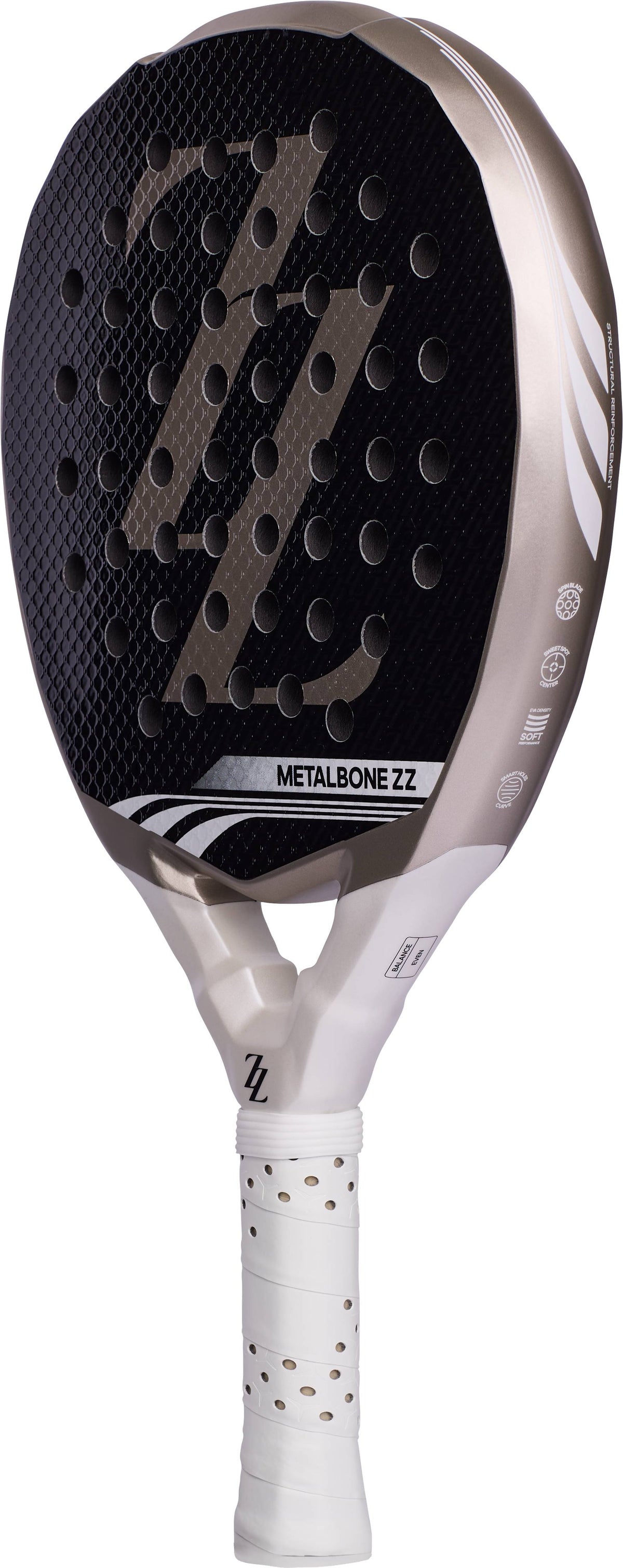 Teardrop-shaped ADIDAS Metalbone ZZ Team Zinedine Zidane 2026 padel racket with a black and bronze face featuring a perforated pattern and a white handle.