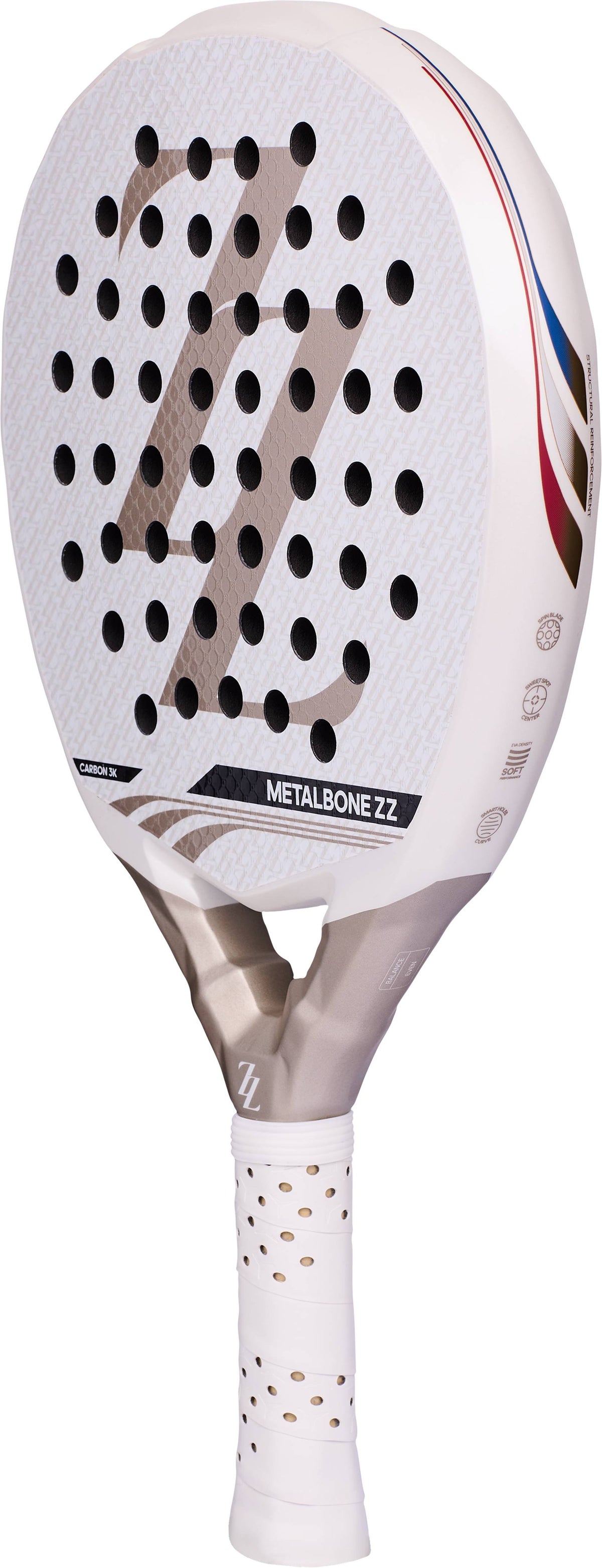White ADIDAS Metalbone ZZ Carbon Zinedine Zidane 2026 padel racket with a diamond-shaped head, circular perforations, and a silver handle featuring a ZZ logo.