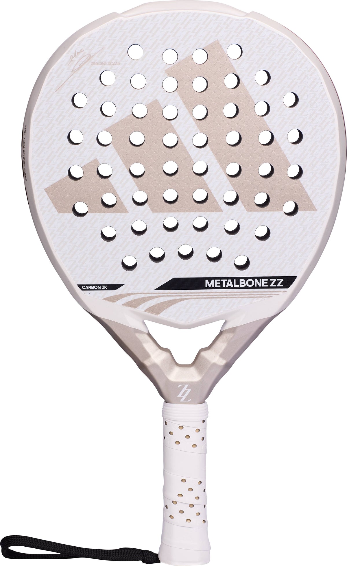 Off-white and metallic beige ADIDAS Metalbone ZZ Carbon Zinedine Zidane 2026 padel racket with a perforated surface, three-stripe logo, and a white grip handle.