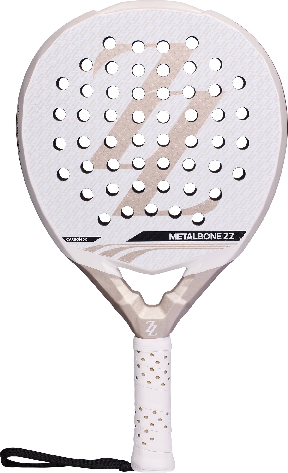 ADIDAS Metalbone ZZ Carbon Zinedine Zidane 2026 padel racket in white and beige, featuring a circular hole pattern, a text label reading “METALBONE ZZ,” and a white grip with a black wrist strap.