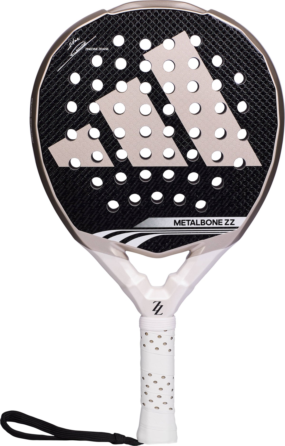 ADIDAS Metalbone ZZ Team Zinedine Zidane 2026 Padel Racket with a black perforated head featuring a large white logo, a white handle, and a wrist strap.