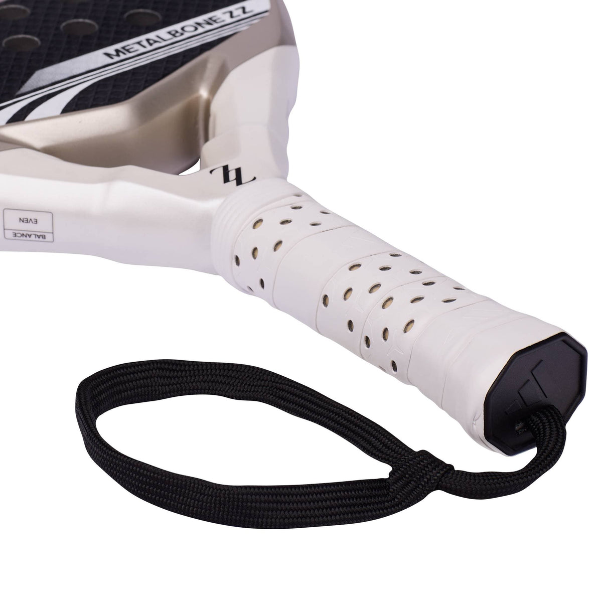 Close-up of the white handle on an ADIDAS Metalbone ZZ Team Zinedine Zidane 2026 Padel Racket, featuring a perforated white grip and a black wrist strap.
