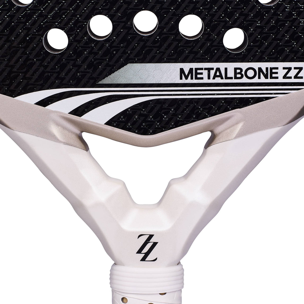Close-up of the ADIDAS Metalbone ZZ Team Zinedine Zidane 2026 Padel Racket head with a black and white patterned surface, featuring the text “METALBONE ZZ” and a ZZ logo on the white throat.