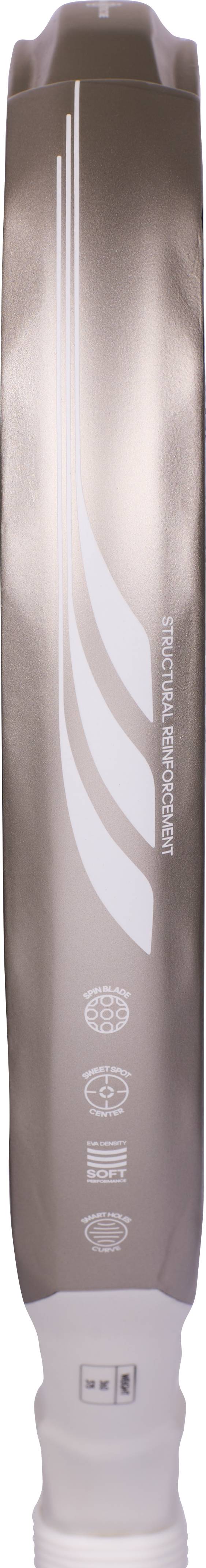 Close-up of the ADIDAS Metalbone ZZ Team Zinedine Zidane 2026 Padel Racket, showing a metallic silver side profile with “Structural Reinforcement” text and performance feature icons.