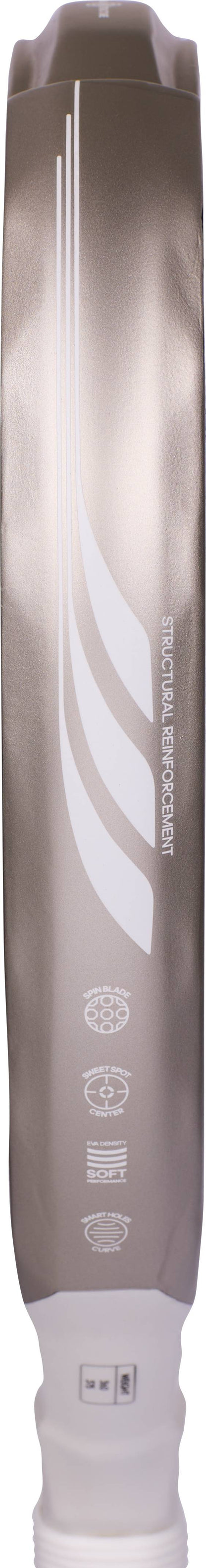 Close-up of the ADIDAS Metalbone ZZ Team Zinedine Zidane 2026 Padel Racket, showing a metallic silver side profile with “Structural Reinforcement” text and performance feature icons.