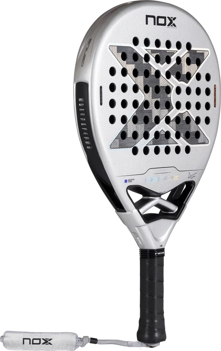 NOX AT10 Genius 12K Alum Xtrem By Agustín Tapia 2027 padel racket with a teardrop-shaped head, featuring a black X pattern over a perforated surface, a black handle, and a matching wrist strap.