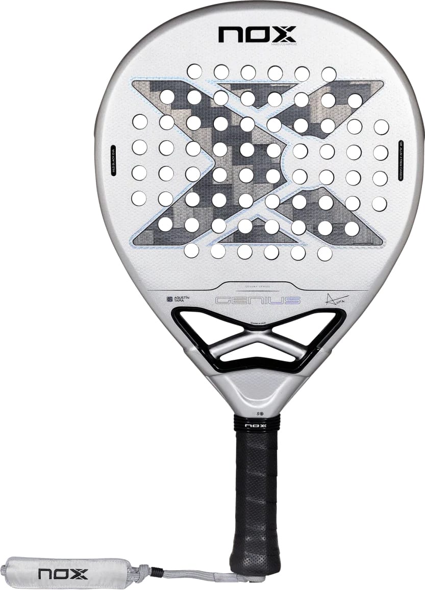 Silver and black NOX AT10 Genius 12K Alum Xtrem By Agustín Tapia 2027 padel racket with a perforated surface, featuring a large gray X pattern in the center and a black handle with a matching wrist strap.