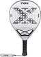 Silver and black NOX AT10 Genius 12K Alum Xtrem By Agustín Tapia 2027 padel racket with a perforated surface, featuring a large gray X pattern in the center and a black handle with a matching wrist strap.