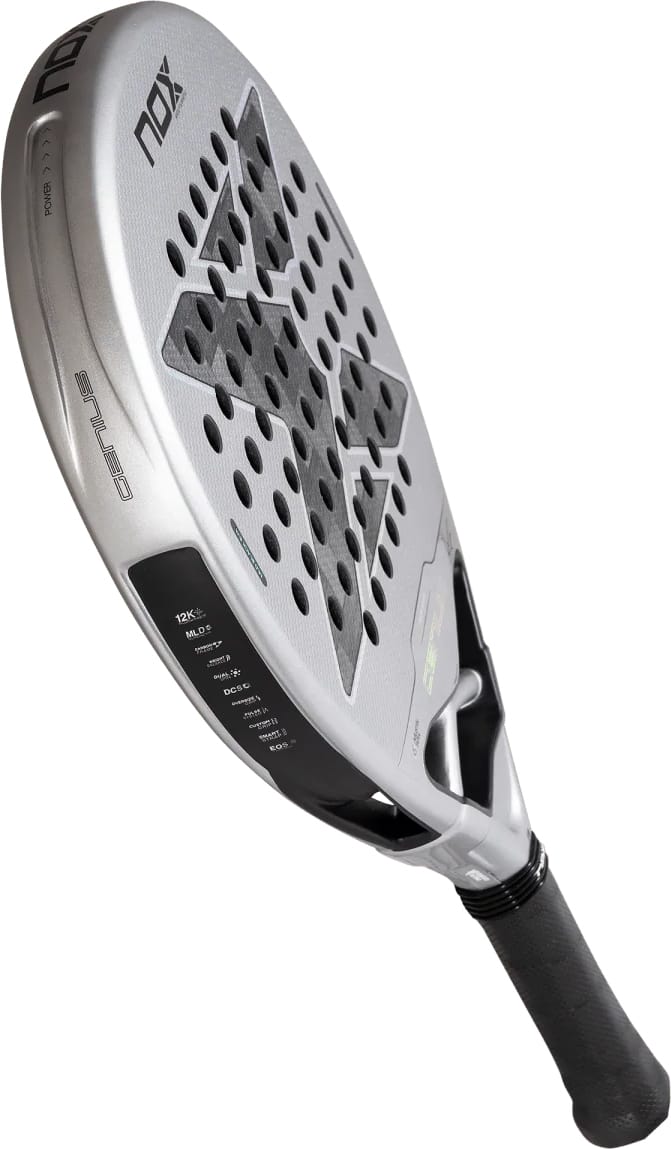Silver and black NOX AT10 Genius 12K Alum Xtrem By Agustín Tapia 2027 padel racket featuring a textured, X-shaped pattern on the face and a black handle.