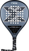 A teardrop-shaped NOX AT10 Genius Ultra Light By Agustín Tapia 2026 padel racket featuring a dark grey surface, a central X-pattern of holes, and a black handle with a wrist strap.