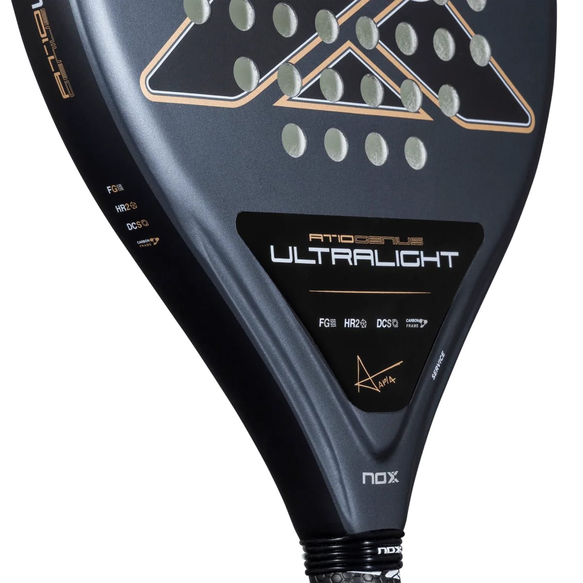 Close-up of a NOX AT10 Genius Ultra Light By Agustín Tapia 2026 padel racket with a perforated surface, featuring branding and a signature printed on the frame.