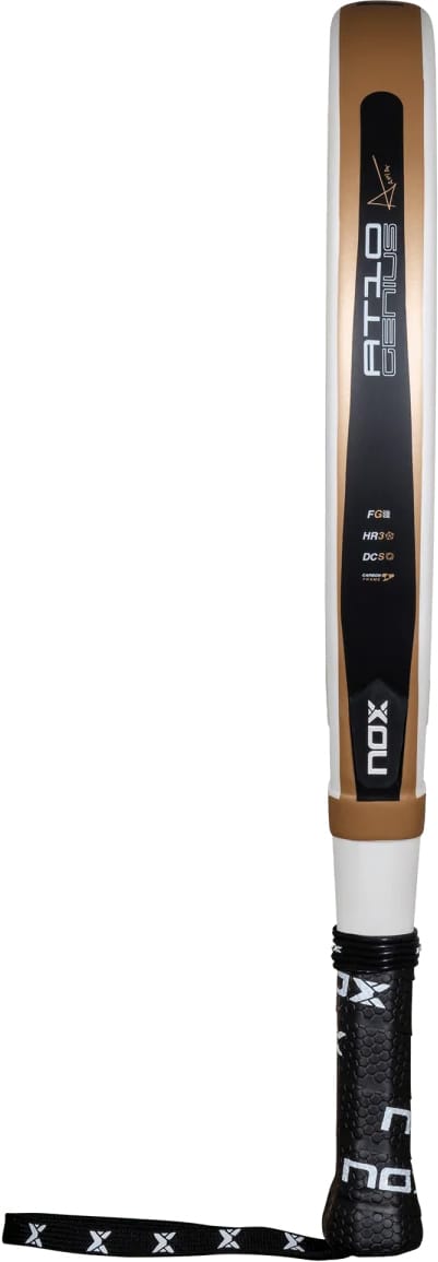 White and black NOX AT10 Genius Junior 2026 Padel Racket with a black grip and a wrist strap featuring repeating logos.