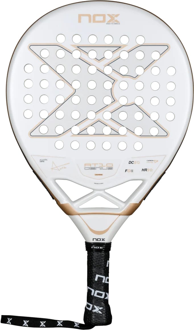 White NOX AT10 Genius Junior 2026 padel racket with a circular head, a perforated face featuring an X-shaped pattern, and a black handle with a wrist strap.