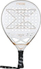 White NOX AT10 Genius Junior 2026 padel racket with a circular head, a perforated face featuring an X-shaped pattern, and a black handle with a wrist strap.