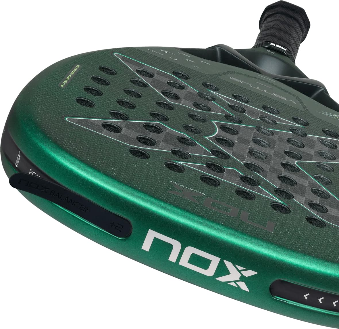 Dark green NOX Ventus Attack 12K Xtrem By Aimar Goñi 2027 padel racket with a perforated surface, a black handle, and weight balancing attachments on the side.