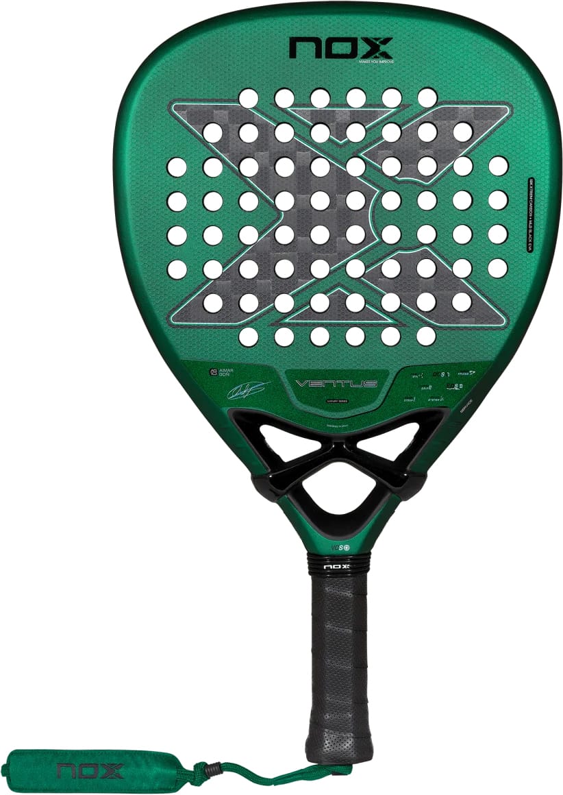 NOX Ventus Attack 12K Xtrem By Aimar Goñi 2027 padel racket with a teardrop shape, metallic green face, perforated black center, and a black handle with a green wrist strap.