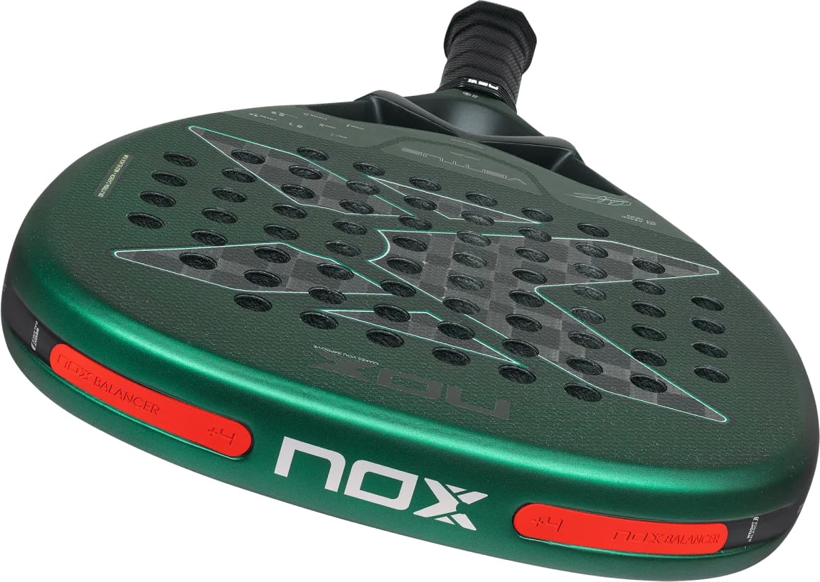 Dark green and black diamond-shaped NOX Ventus Attack 12K Xtrem By Aimar Goñi 2027 padel racket featuring a checkered pattern of holes and a black handle.