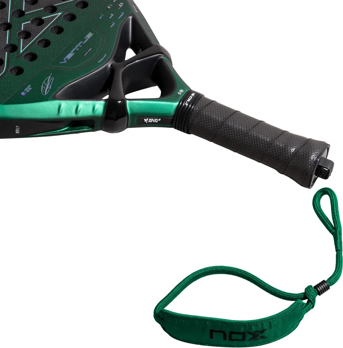 NOX Ventus Attack 12K Xtrem By Aimar Goñi 2027 padel racket in green and black, featuring a perforated surface, a textured black grip, and a matching green wrist strap.