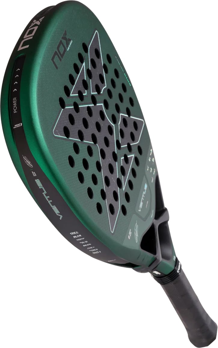 Dark green NOX Ventus Attack 12K Xtrem By Aimar Goñi 2027 padel racket featuring a perforated teardrop-shaped face and a black handle.