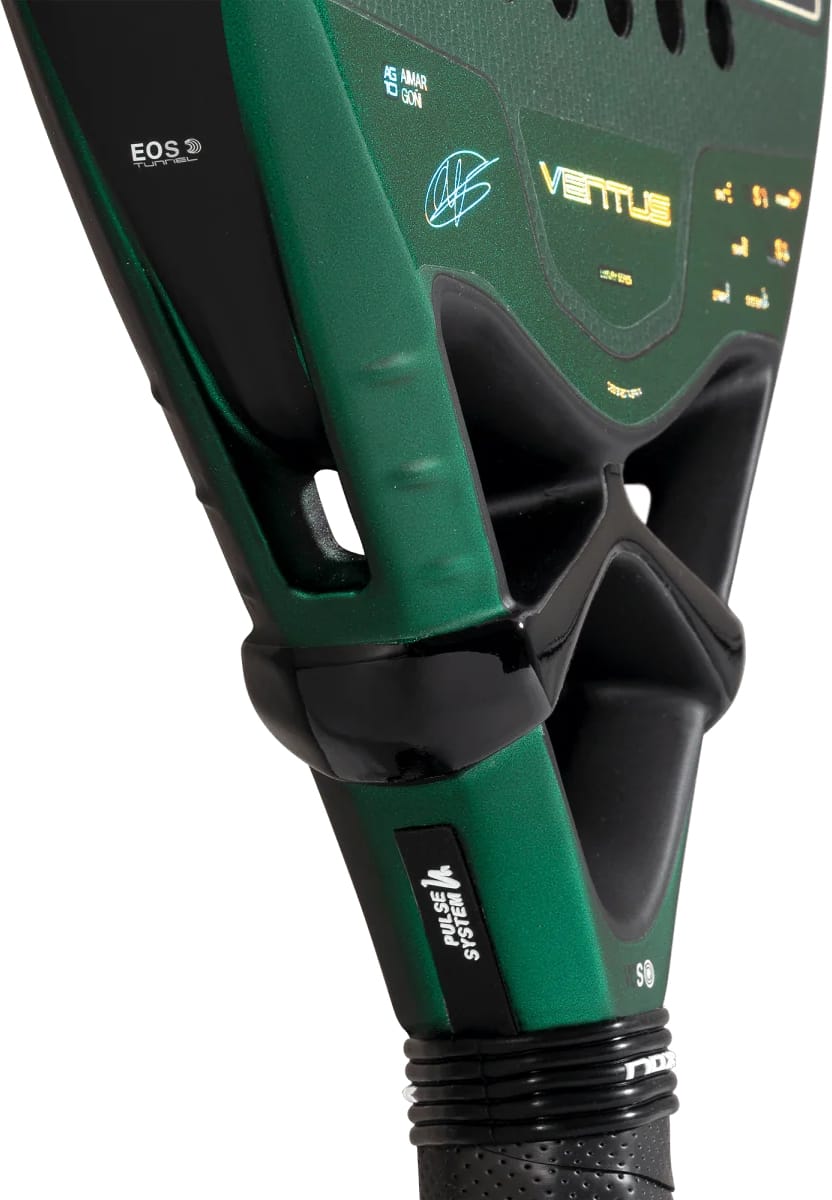 Close-up of the neck and bridge of a green and black NOX Ventus Attack 12K Xtrem By Aimar Goñi 2027 Padel Racket with visible text branding.