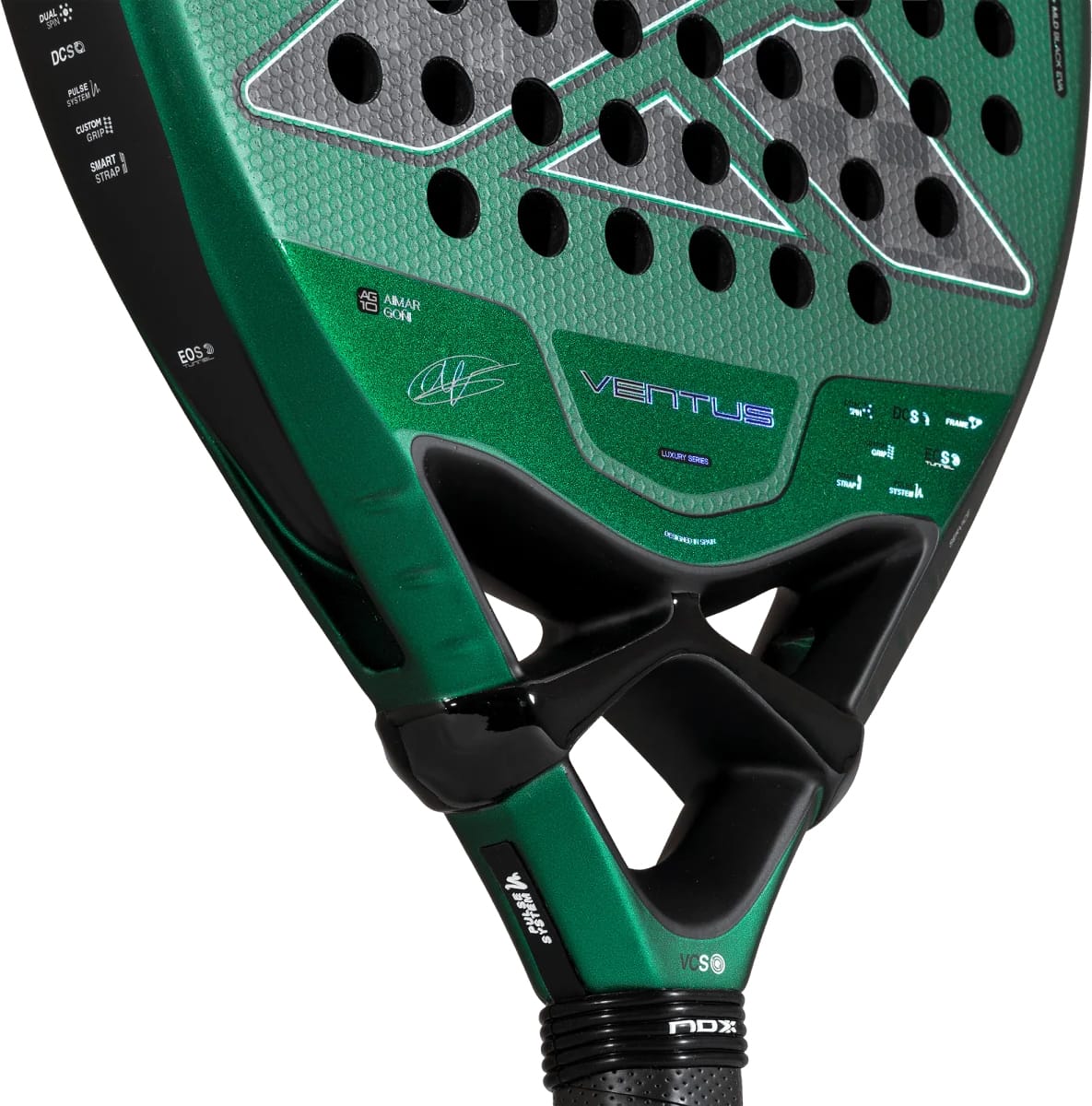 A green and black NOX Ventus Attack 12K Xtrem By Aimar Goñi 2027 padel racket with a perforated surface, featuring the text “VENTUS” and a signature printed on the face.