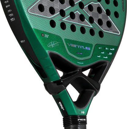 A green and black NOX Ventus Attack 12K Xtrem By Aimar Goñi 2027 padel racket with a perforated surface, featuring the text “VENTUS” and a signature printed on the face.