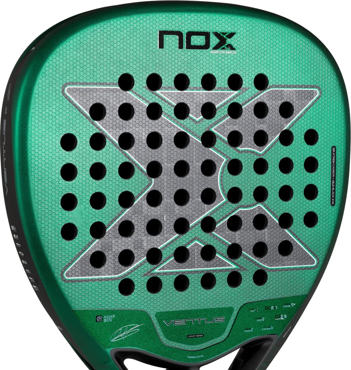 A green and black, teardrop-shaped NOX Ventus Attack 12K Xtrem By Aimar Goñi 2027 padel racket featuring a large grey X-shaped design in the center with circular air holes.