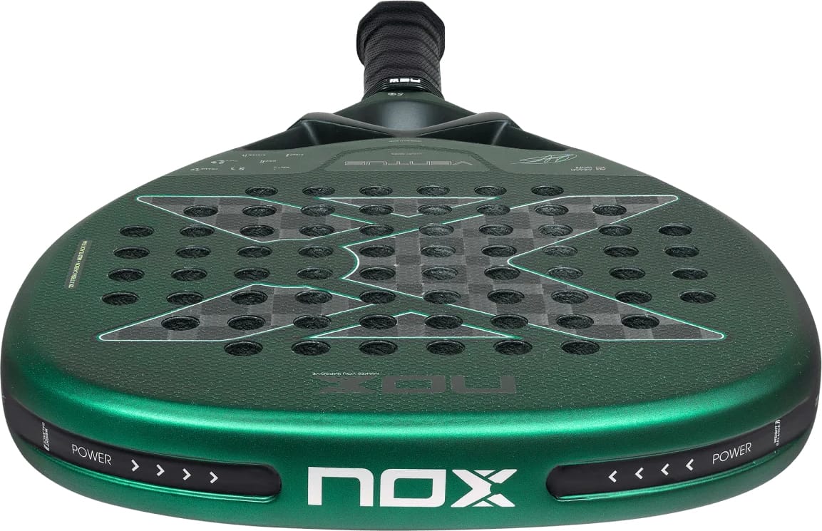 Teardrop-shaped NOX Ventus Attack 12K Xtrem By Aimar Goñi 2027 padel racket with a dark green frame, a large black X pattern across the face, and small circular perforations.