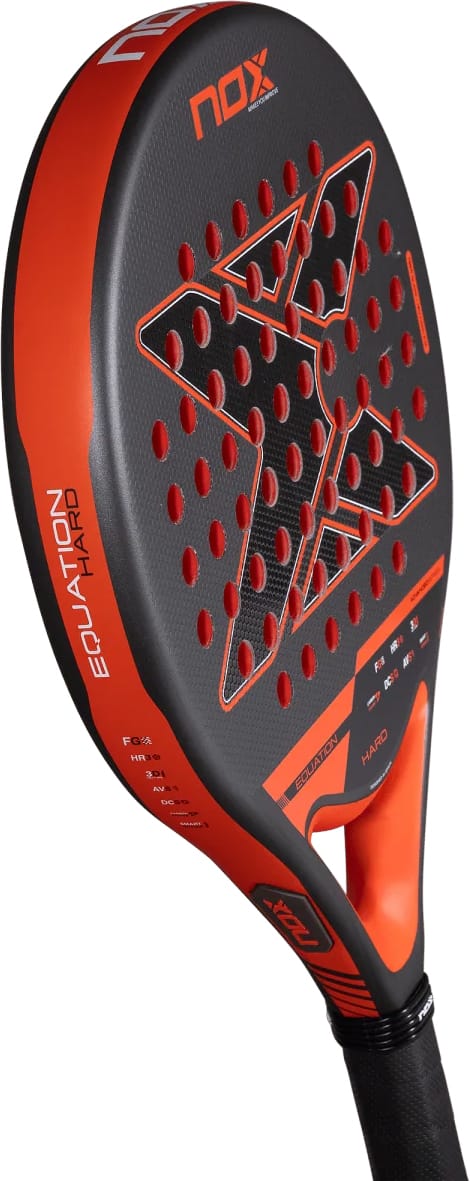 Black and orange NOX Equation Hard Advanced 2027 padel racket with a perforated head, featuring a large central logo and text along the side.