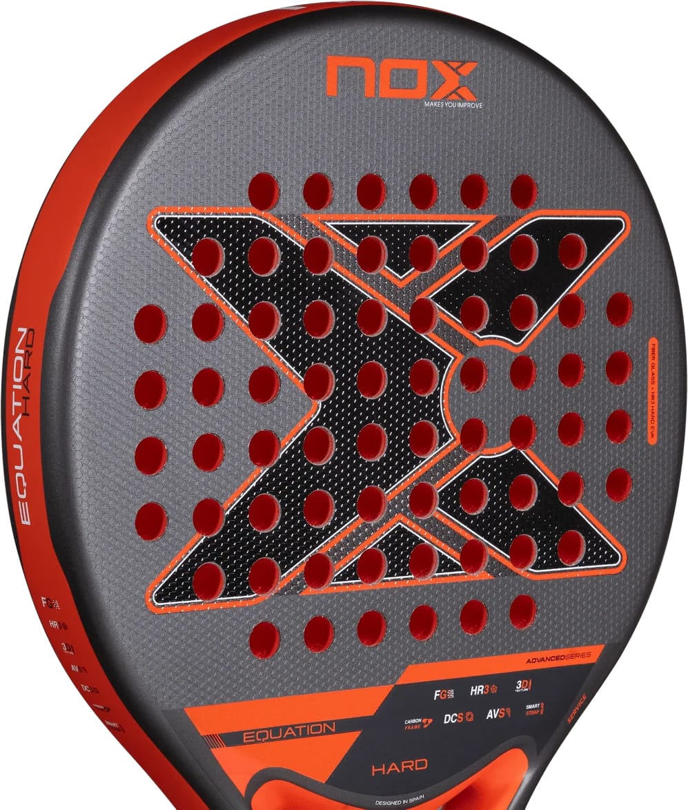 NOX Equation Hard Advanced 2027 padel racket featuring a black, gray, and orange X-pattern across the face and numerous circular perforations.