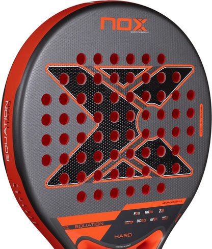 NOX Equation Hard Advanced 2027 padel racket featuring a black, gray, and orange X-pattern across the face and numerous circular perforations.