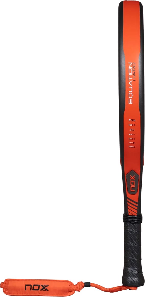 Black and orange NOX Equation Hard Advanced 2027 padel racket with a textured hitting surface, vertical text, and an orange wrist strap attached to the handle.