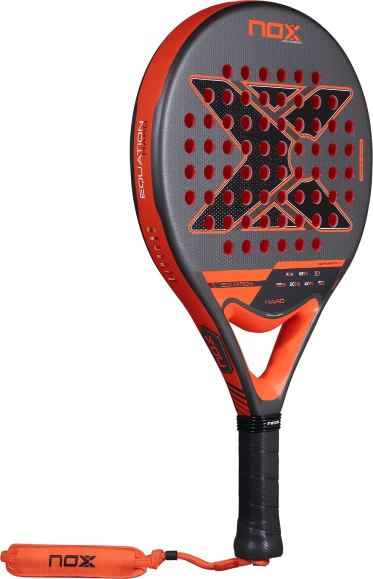 A round, red and grey NOX Equation Hard Advanced 2027 padel racket with a black handle and a wrist strap.