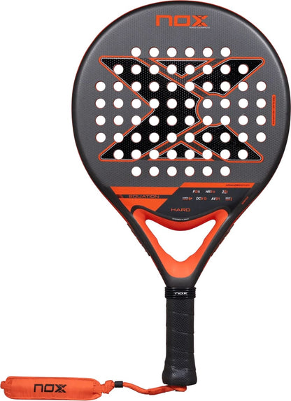 Black and orange teardrop-shaped NOX Equation Hard Advanced 2027 padel racket with a perforated 3K fibreglass surface and a safety wrist strap attached to the handle.