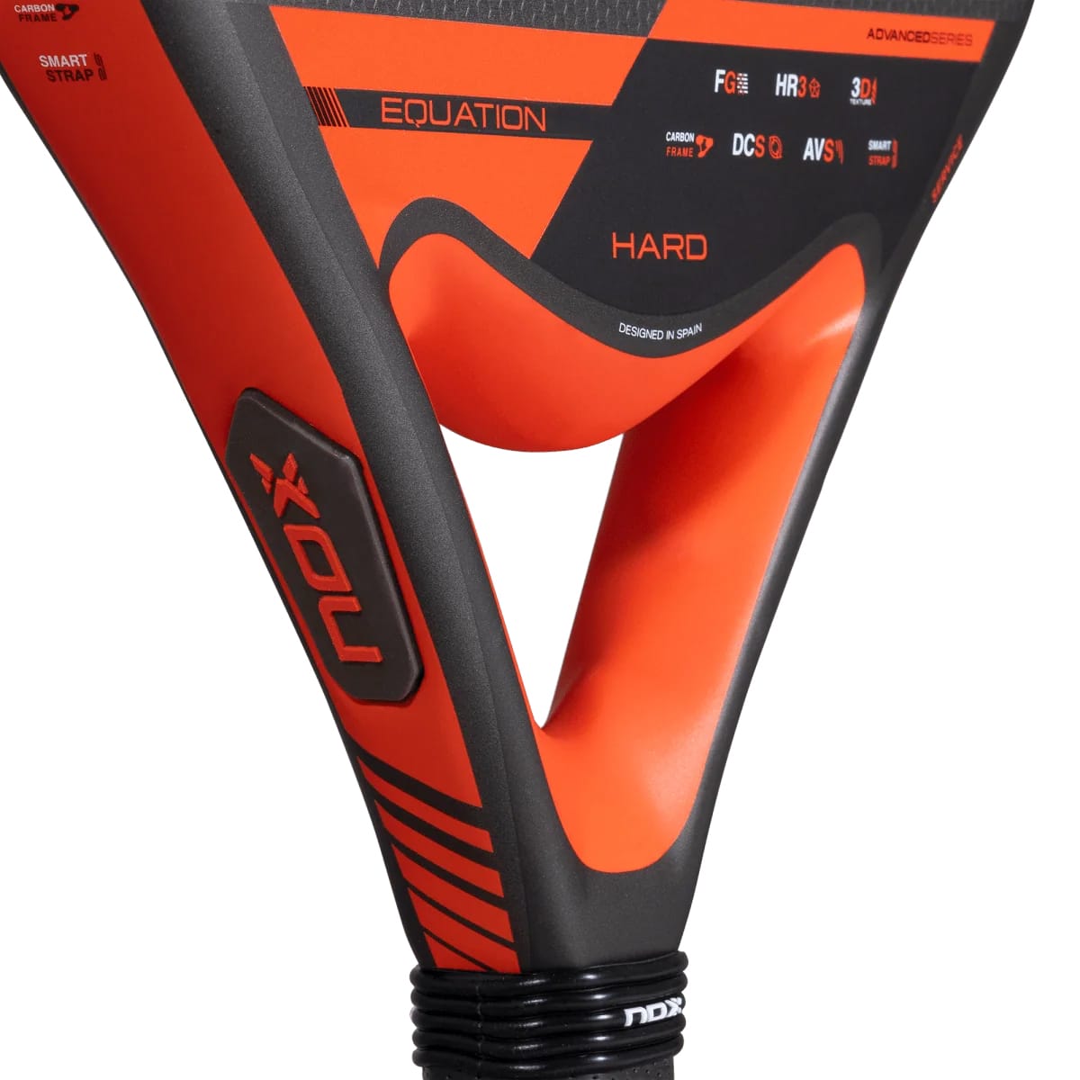 Black and orange NOX Equation Hard Advanced 2027 padel racket featuring a triangular throat and text detailing features including “Equation” and “Hard.”