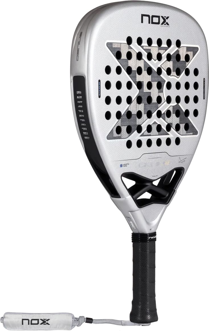 A silver and black NOX AT10 Genius Attack 12K Alum Xtrem By Agustín Tapia 2027 padel racket featuring a perforated head, an X-shaped pattern, and a wrist strap.