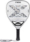 Silver diamond-shaped NOX AT10 Genius Attack 12K Alum Xtrem By Agustín Tapia 2027 padel racket with a central X pattern, circular perforations, and a black handle with a wrist strap.
