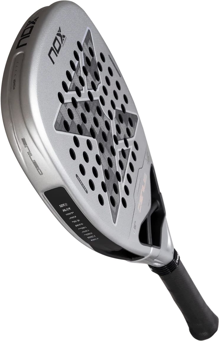 Silver and dark gray NOX AT10 Genius Attack 12K Alum Xtrem By Agustín Tapia 2027 padel racket with a perforated face, featuring a large X pattern and technical specifications printed near the handle.