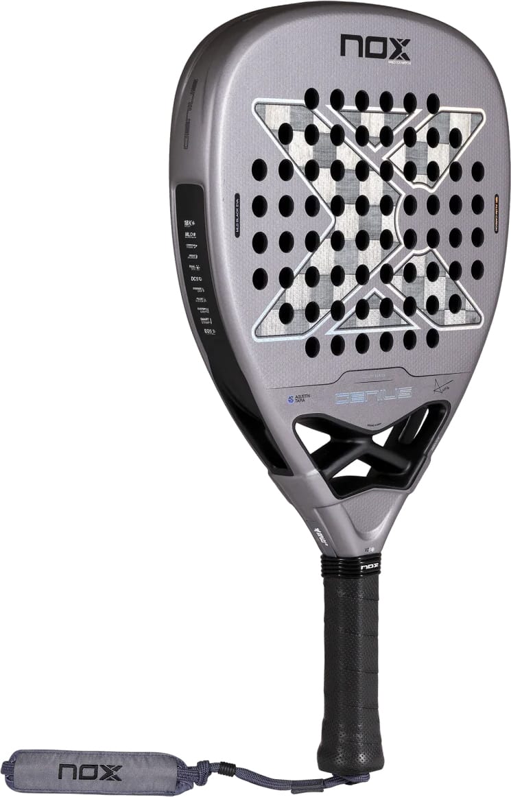 Gray teardrop-shaped NOX AT10 Genius Attack 18K Alum By Agustín Tapia 2027 padel racket with a checkered pattern on the face and a black handle with a wrist strap.