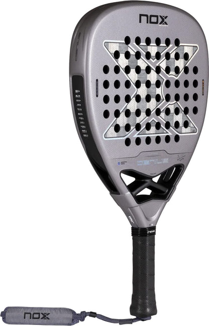 Gray teardrop-shaped NOX AT10 Genius Attack 18K Alum By Agustín Tapia 2027 padel racket with a checkered pattern on the face and a black handle with a wrist strap.